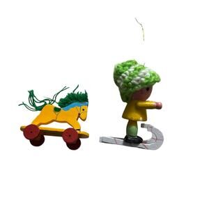 2 Vintage Wood Figure Horse Kid on Skis Christmas Ornament  W Crochet hat